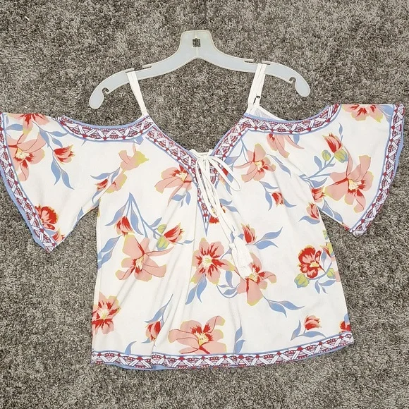 Flying Tomato cold shoulder blouse top - short sleeve - S white floral - Picture 1 of 7